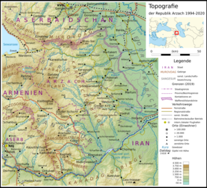 Von Don-kun, sources: NordNordWest, OpenStreetMap Contributors - Eigenes Werk; Topographischer Hintergrund: NASA Shuttle Radar Topography Mission (public domain). SRTM3 v.2.Grenzen: Armenia adm location map.svg, Azerbaijan adm location map.svg;Gewässer: OpenStreetMap, CC BY-SA 4.0, https://commons.wikimedia.org/w/index.php?curid=95464772