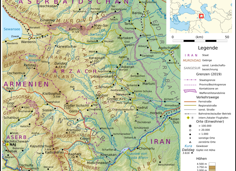 Von Don-kun, sources: NordNordWest, OpenStreetMap Contributors - Eigenes Werk; Topographischer Hintergrund: NASA Shuttle Radar Topography Mission (public domain). SRTM3 v.2.Grenzen: Armenia adm location map.svg, Azerbaijan adm location map.svg;Gewässer: OpenStreetMap, CC BY-SA 4.0, https://commons.wikimedia.org/w/index.php?curid=95464772